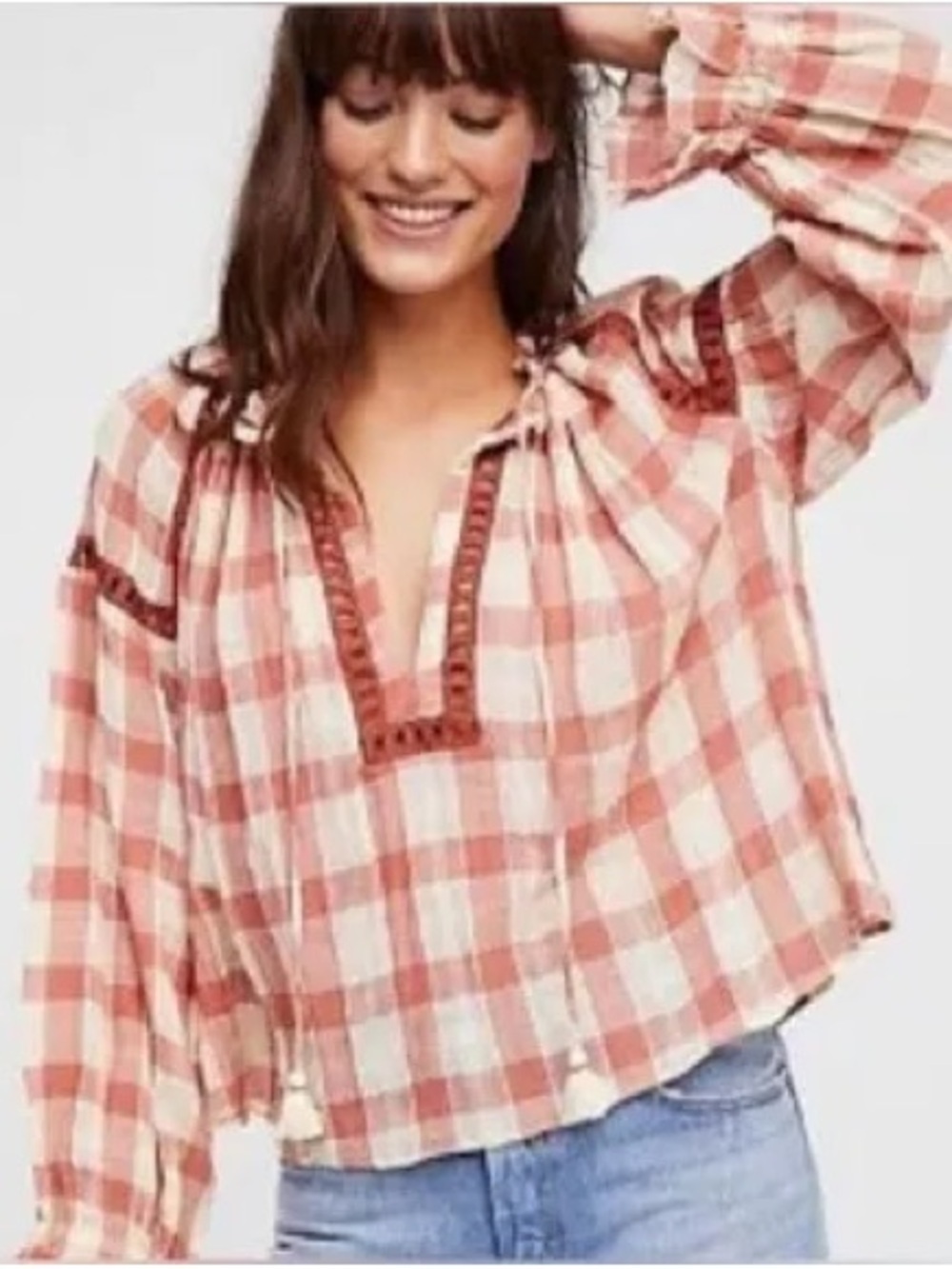 Free People Rust and Cream Plaid Peasant Tunic - Picture 1 of 7